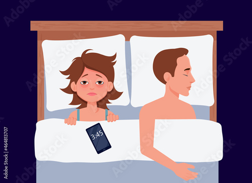 The girl suffers from insomnia. Insomnia vector illustration. Sleep disorder. Flat cartoon style illustration