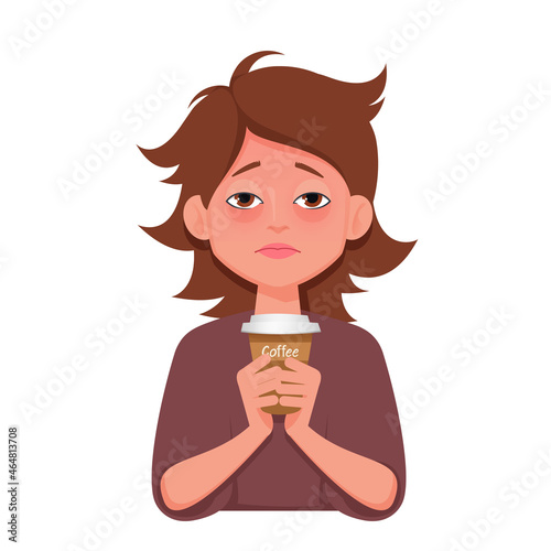 Sleepy Young woman holding cup of coffee. Vector illustration isolated on white background