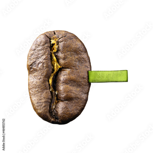 Roasted coffee bean with green label. 100% coffee.