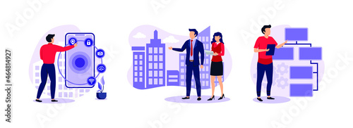 Intelligent interface, Interactive design visualization, Information architecture. Software development abstract concept vector exclusive illustration set.