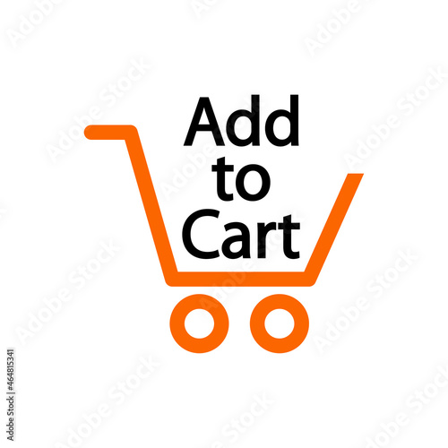 Logotipo con silueta de carrito de la compra con texto Add to cart con lineas en color negro y naranja