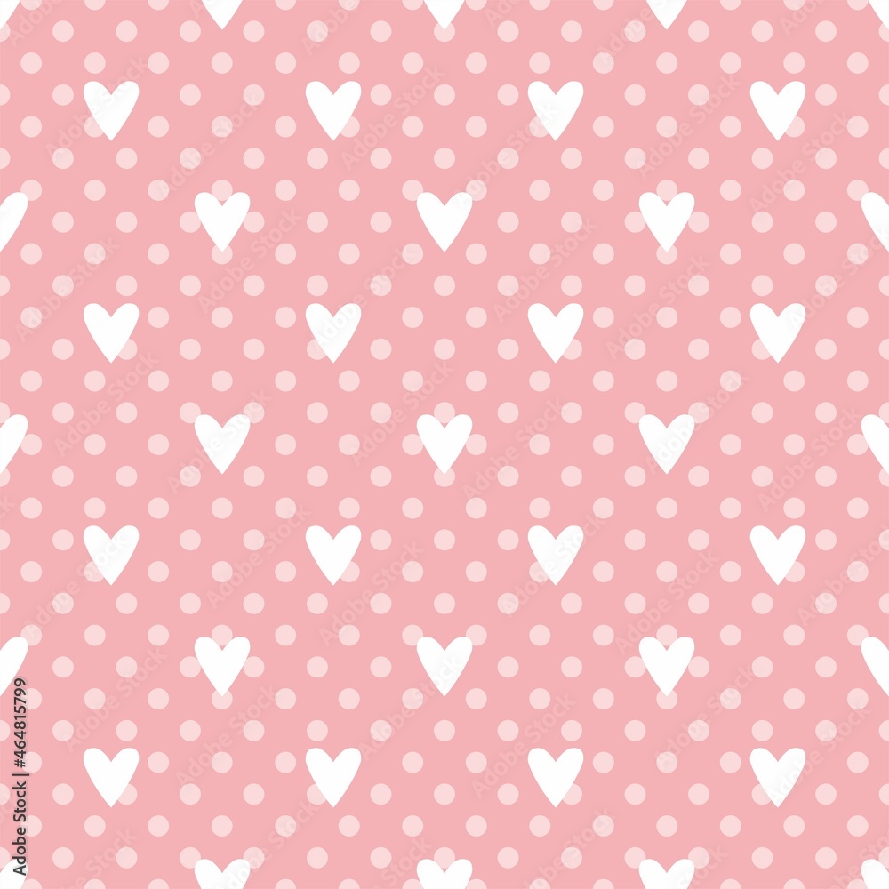 Pink vector background with hearts and polka dots. Cute seamless pattern for valentines desktop wallpaper or lovely website design Pink vector background with hearts and polka dots. Cute seamless pattern for valentines desktop wallpaper or lovely website design