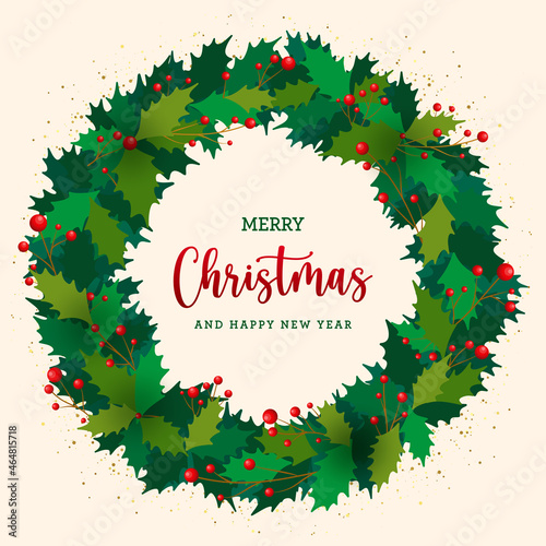 Christmas postcard with flat mistletoe and berries wreath