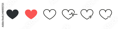 Collection of Hearts Icon. Heartbeat, Pulse, Cardiogram Concept. Cute Hearts with Heartbeat, Plus and Minus. Romantic Valentine Heart Pictogram Set. Isolated Vector Illustration