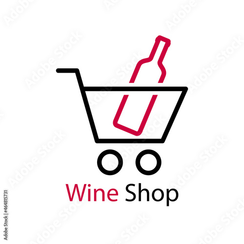 Banner con texto Wine Shop con silueta de botella de vino en carrito de la compra con líneas en color granate y negro