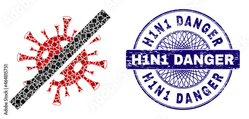 Geometric mosaic no coronavirus, and H1N1 Danger grunge stamp seal. Violet stamp seal has H1N1 Danger tag inside circle shape. Vector no coronavirus mosaic is created from random round, triangle,