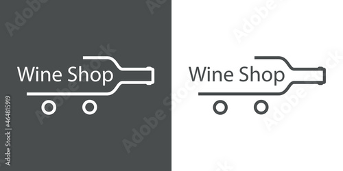 Banner con texto Wine Shop en silueta de botella de vino con ruedas con forma de carrito de la compra con líneas en fondo gris y fondo blanco photo