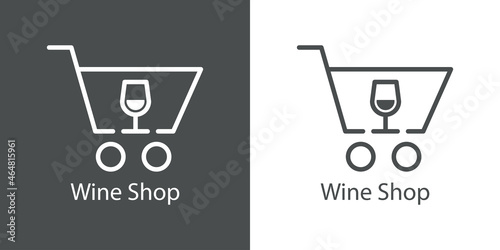 Banner con texto Wine Shop con silueta de copa de vino en carrito de la compra con líneas en fondo gris y fondo blanco