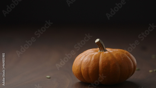 small orange pumpkin on walnut table with copy space