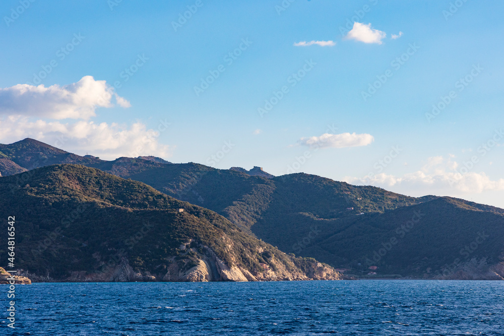 View of the northwestern shore of the island of Elba in Tuscany from the sea side