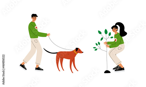 Man and Woman Volunteer Planting Tree and Walking the Dog Engaged in Freely Labour Activity for Community Service Vector Set