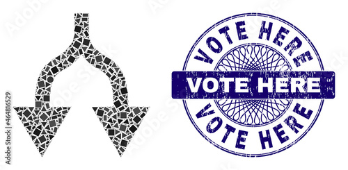 Geometric collage split arrows down, and Vote Here scratched stamp. Violet seal has Vote Here title inside circle shape. Vector split arrows down collage is formed of scattered circle, triangle,