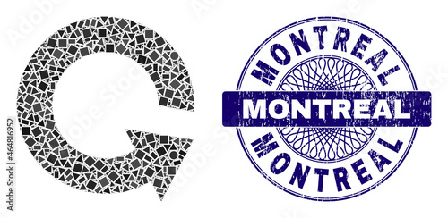 Geometric mosaic rotate ccw, and Montreal corroded stamp. Violet stamp includes Montreal title inside round form. Vector rotate ccw mosaic is constructed with different round, triangle, square parts.
