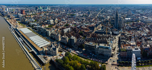 Aerial view around the old town of Antwerpen in Belgium on a sunny day in summer 