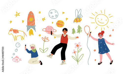Funny Children Drawing on the Wall with Brush and Crayons Vector Set
