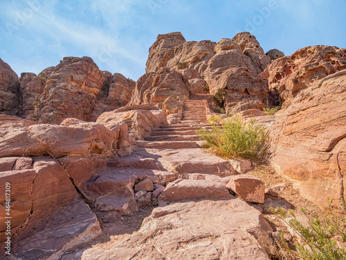 View with the Al-Khubtha Trail stone stairs that leads to the Treasury Viewpoint in the ancient city of Petra, Jordan