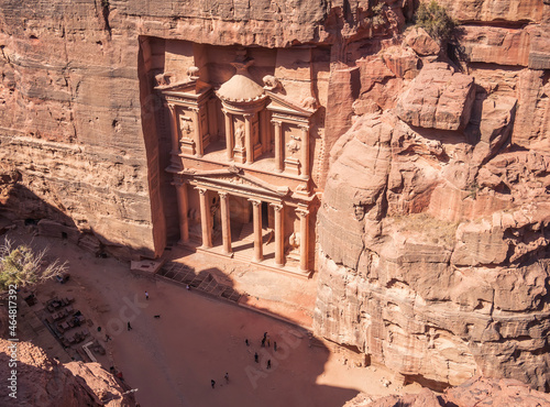 Al-Khazneh (The Treasury) one of the most elaborate temples in the ancient city of Petra, Jordan. View from above.