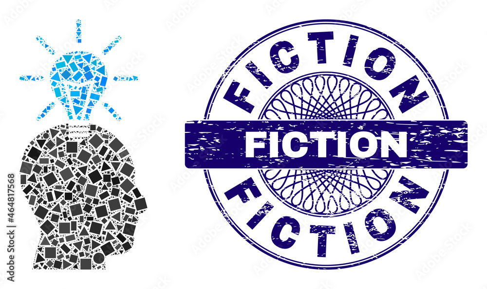 Fototapeta premium Geometric collage genius bulb, and Fiction scratched seal print. Blue seal has Fiction caption inside circle form. Vector genius bulb collage is composed with random circle, triangle, rectangle items.