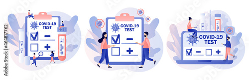 Coronavirus Covid-19 testing. Patient receiving Covid-19 rapid test. Tiny doctor or nurse doing Coronavirus test. Positive or negative testing result. Modern flat cartoon style. Vector illustration 