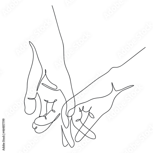 Couple holding hands together. Touch. Vector black and white trendy illustration. Continuous line drawing, linear minimalistic print design. Love, Valentine. Postcard, t-shirt