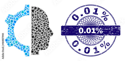 Geometric mosaic cyborg gear, and 0.01% corroded seal imitation. Blue stamp seal contains 0.01% tag inside circle form. Vector cyborg gear mosaic is done from random circle, triangle, square parts.