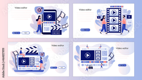 Video editor. Tiny people making multimedia content production and footage editing. Video maker. Screen template for landing page, template, ui, web, mobile app, poster, banner, flyer. Vector 