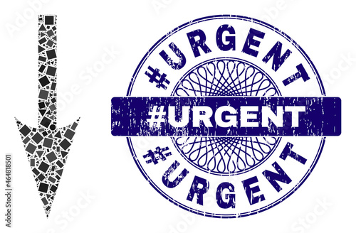 Geometric collage sharp arrow down, and #Urgent grunge stamp seal. Blue seal has #Urgent text inside round shape. Vector sharp arrow down collage is created with different round, triangle,