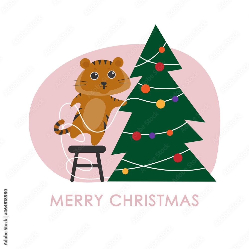 Cute tiger and christmas tree. Greeting card illustration. Cute tiger and christmas tree. Greeting card illustration.