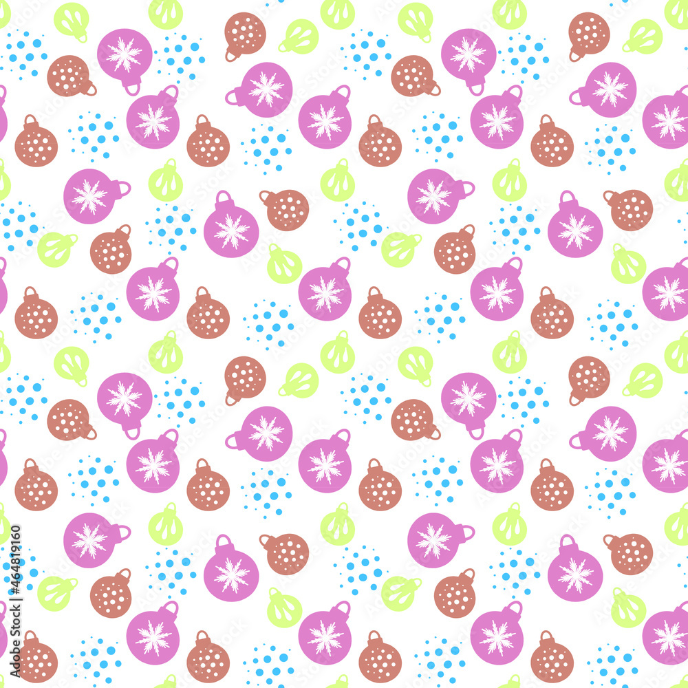 Colorful pattern with New Years balls on white background for textile print, design paper. Vector illustration.
