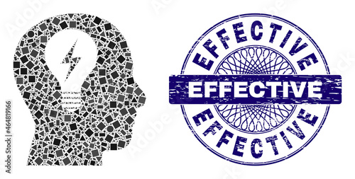 Geometric mosaic head bulb, and Effective rubber stamp seal. Blue stamp seal contains Effective text inside circle form. Vector head bulb mosaic is created from randomized spheric, triangle,