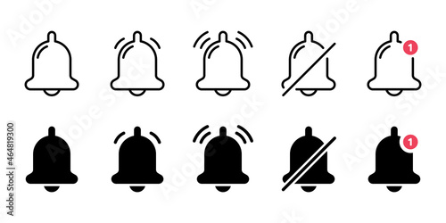 Set of Notification Bells and Silent Mode Concept Line and Silhouette Icon. Ringing Doorbells for Mobile Phone App. Notice Symbol on Smartphone. Bell with Red Button. Isolated Vector Illustration