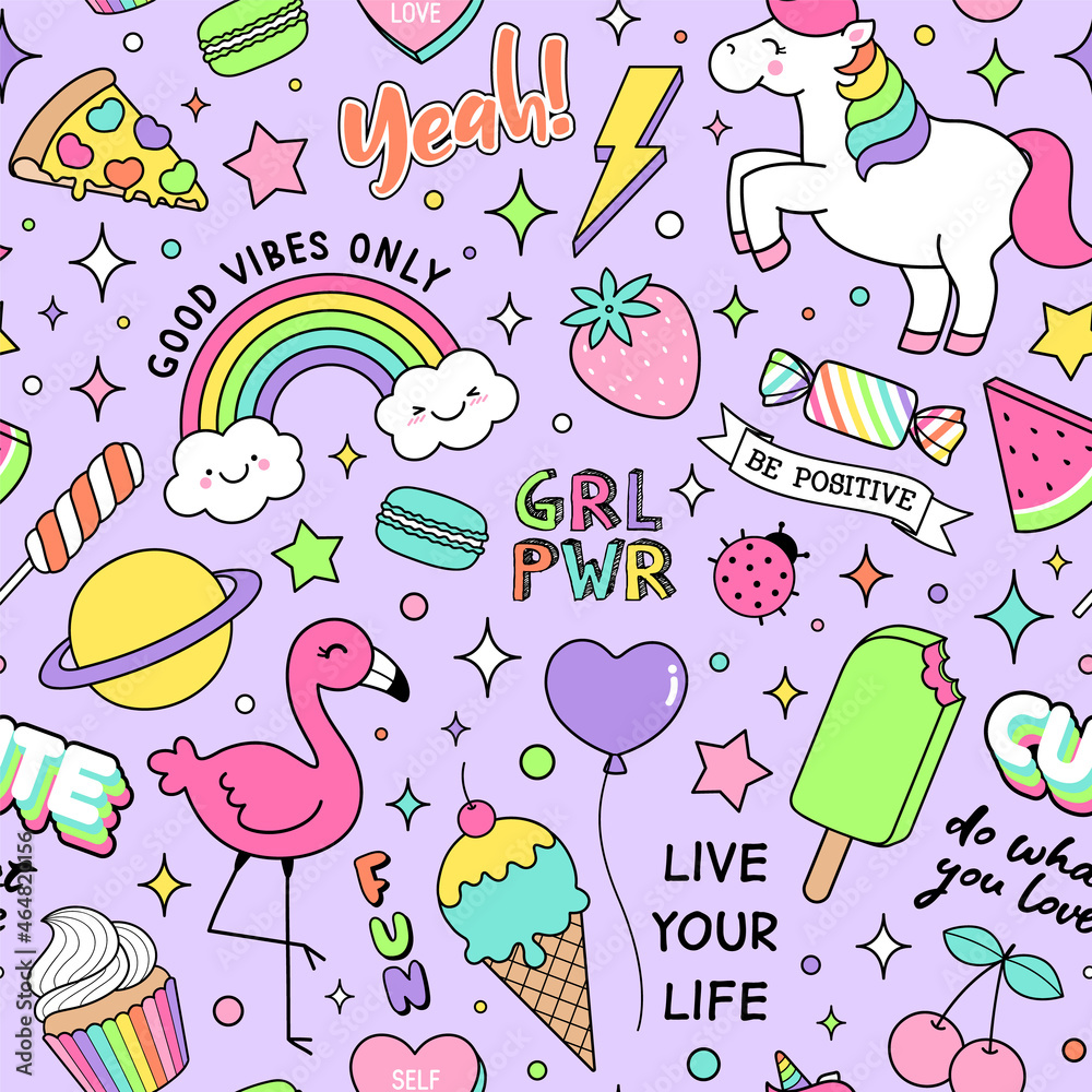 Cute colorful unicorn, flamingo, doodle elements and inspiration quotes seamless pattern background.