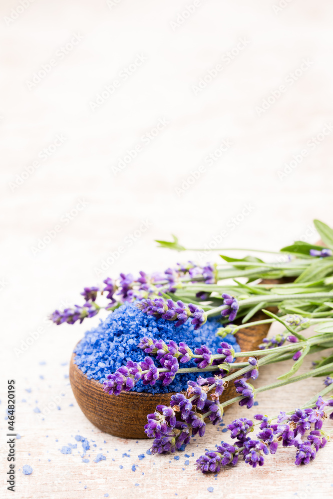 Essential lavender salt with flowers top view. Essential lavender salt with flowers top view.