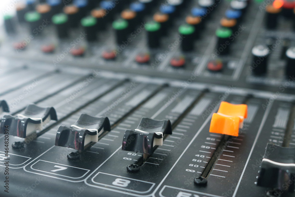 Sound and audio mixer console with buttons channel sliders. Sound and audio mixer console with buttons channel sliders.