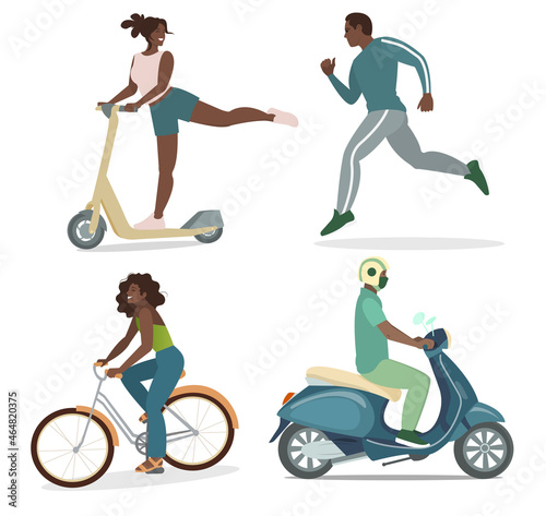 set of illustrations of people using different types of transportation: girl on bicycle, on scooter, guy on bike, running guy. concept of active lifestyle, entertainment, environmentally friendly tran © Елена Савочкина