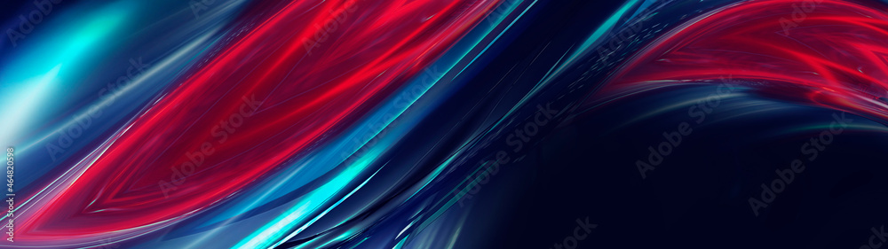 Fototapeta premium Bright abstract background, banner with abstract elements. Neon fantastic background, space background. Futuristic neon banner, bright multicolored lines, rays. 3D illustration.