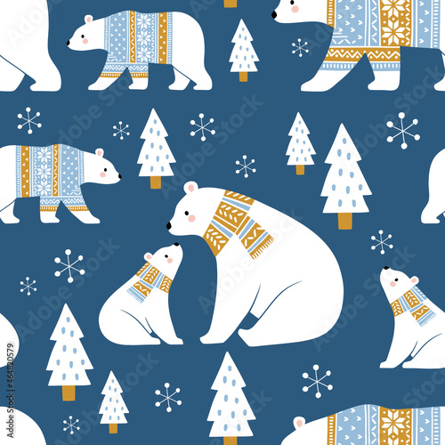 Seamless vector pattern with cute hand drawn polar bears in winter clothes. Perfect for textile, wallpaper or print design. 