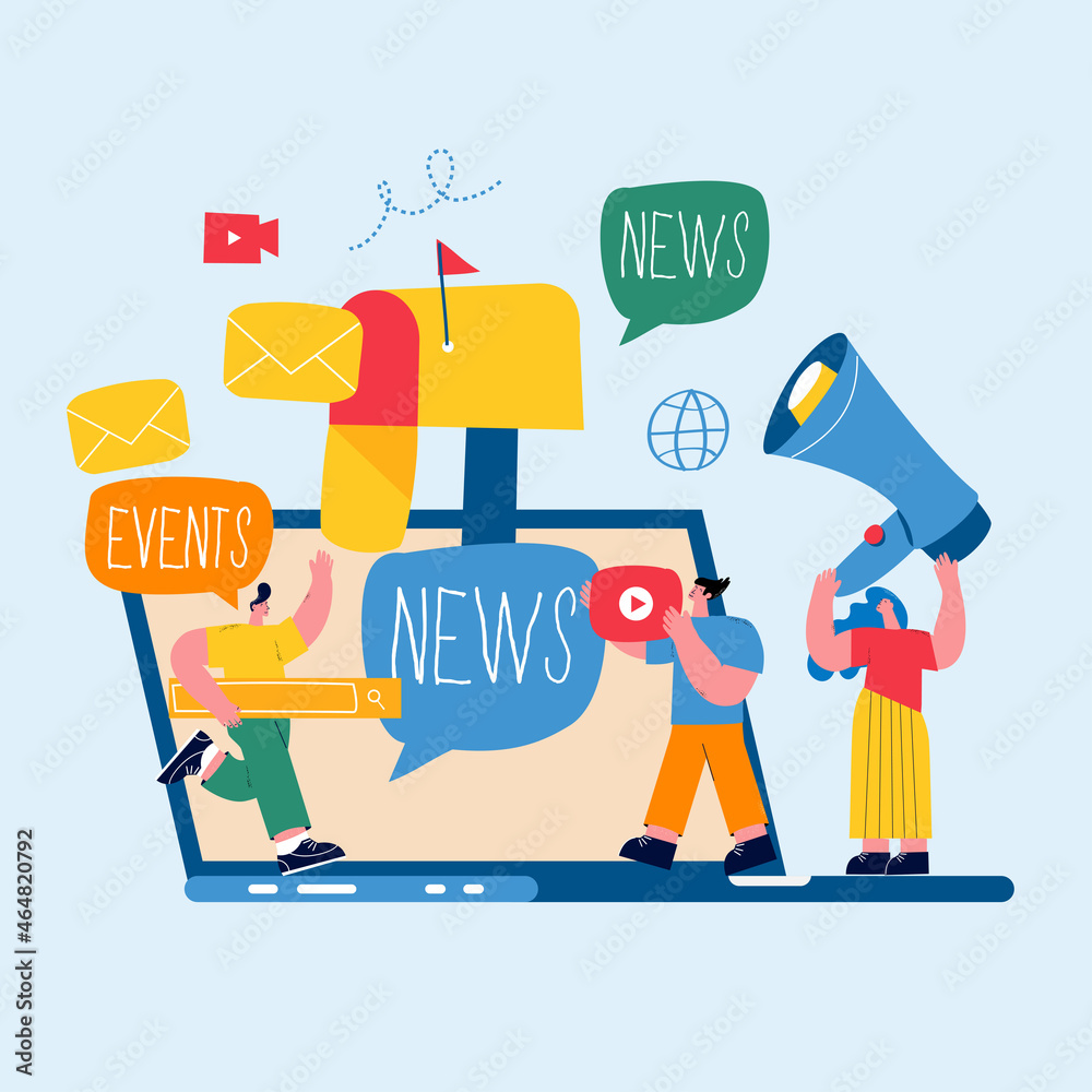 E-mail news, subscription, promotion flat vector illustration design. Online news, news update, information about events, activities, company information and announcements E-mail news, subscription, promotion flat vector illustration design. Online news, news update, information about events, activities, company information and announcements