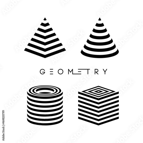 Optical illusion vector pyramid. Cylinder stripes background. Cube Logo optical abstract black and white lines design. Circle geometric round shape. Cone vector symbol op stripe modern 3d geometry.