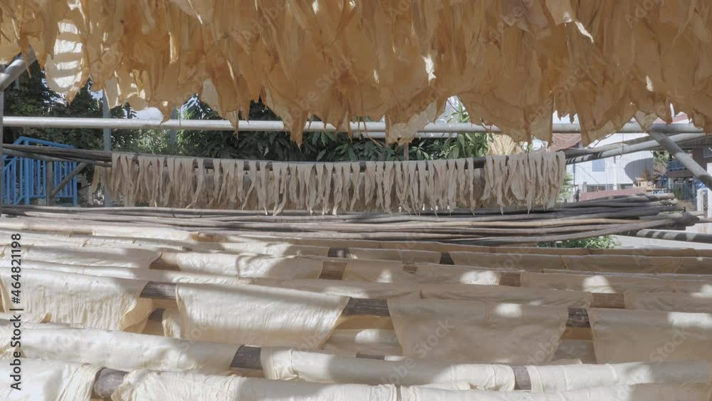 close up of hanging skin tofu on bamboo sticks and exposed to the sun until it crisps up close up of hanging skin tofu on bamboo sticks and exposed to the sun until it crisps up