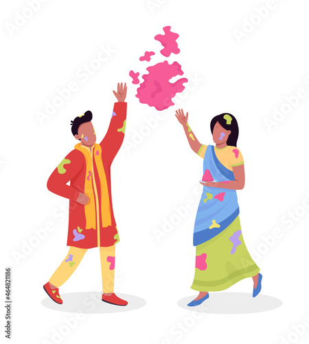 Couple celebrating Holi semi flat color vector characters. Dynamic figures. Full body people on white. Holiday celebration isolated modern cartoon style illustration for graphic design and animation
