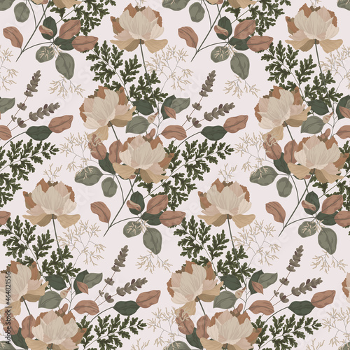 Seamless floral pattern, elegant botanical design in vintage style. Beautiful wallpaper, ornate print with hand drawn wild flowers, fern leaves, grasses in aged light colors. Vector illustration. photo