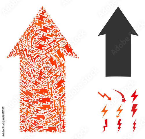 Up direction vector mosaic icon of electricity signs in various sizes and color shades. Power items are combined into up direction vector mosaic. Abstract vector illustration for power supply.