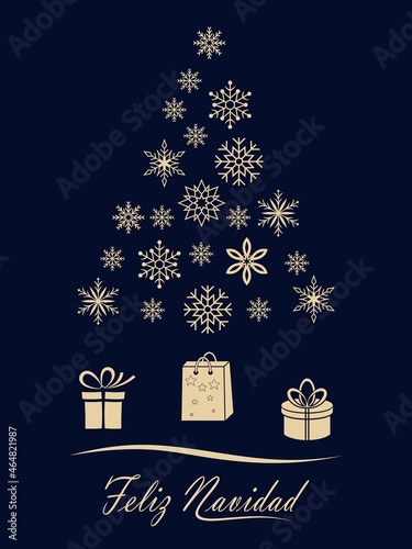 Weihnachtsbaum vektor mit Schneeflocken, Geschenken und spanischen Weihnachtsgruß auf einem dunklen Hintergrund.
Übersetzung: Feliz Navidad ist Merry Christmas.