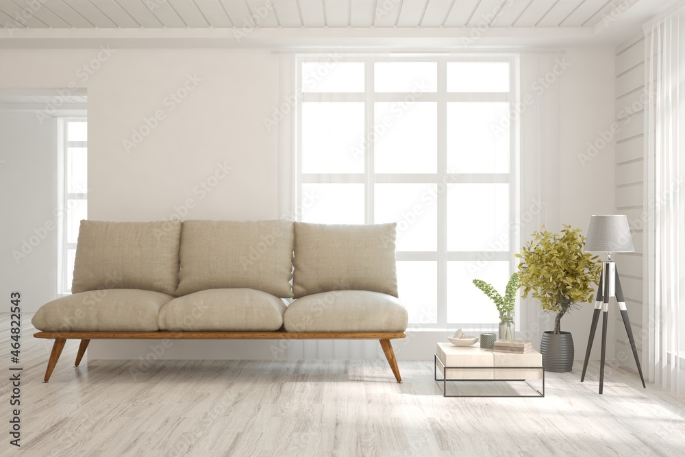 Modern living room in white color with sofa. Scandinavian interior design. 3D illustration Modern living room in white color with sofa. Scandinavian interior design. 3D illustration