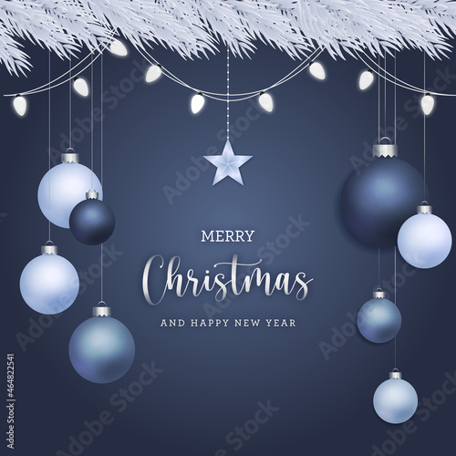 Christmas postcard banner with shining hanging balls, stars and lights on elegant blue background