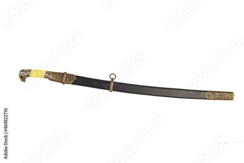 Top view of a Cossack saber in a scabbard isolated on a white background.