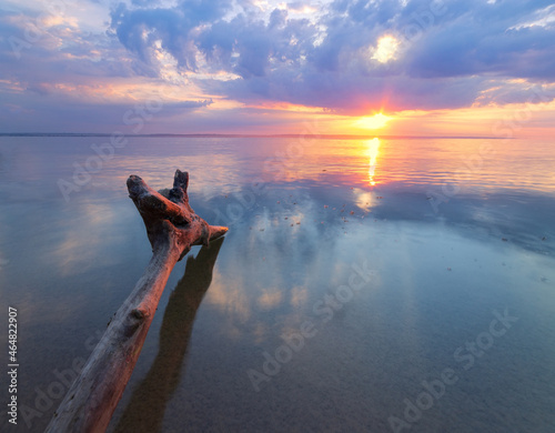 log lying on the shore of an abandoned beach ,troubled water dawn morning