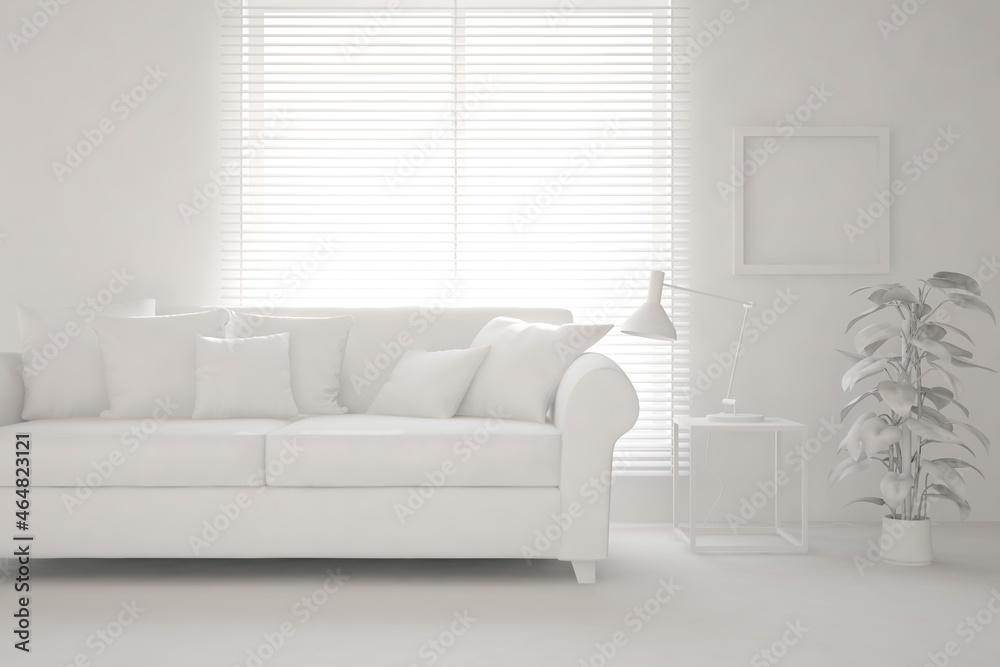 Mock up of stylish room in white color with sofa. Scandinavian interior design. 3D illustration Mock up of stylish room in white color with sofa. Scandinavian interior design. 3D illustration