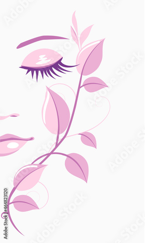 Abstract beautiful girl with stem and leaves. Female beauty minimalist icon. Vector stock illustration.